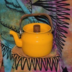 Vintage Metal Ceramic Water Kettle Teapot Wood Handle Yellow